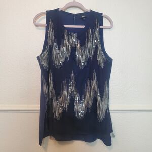 Mossimo Size L Blue Sequin Top Blouse Stylish Cut Party Top NYE